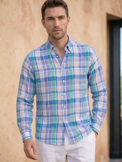 Regular Fit Blue Linen Checked Casual Shirt for Men (LITVA)