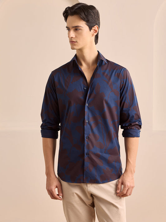 Navy Blue Regular Fit Printed Casual Poplin Shirt for Men (PISAL)