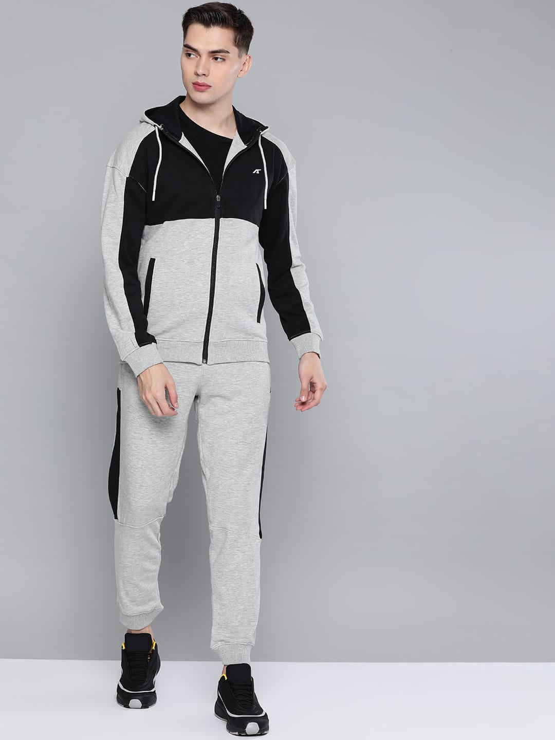 Alcis Men Grey  Black Colourblocked Hooded Tracksuit