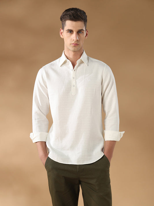 Off White Regular Fit Casual Linen Blend Shirt for men (DAFEN)
