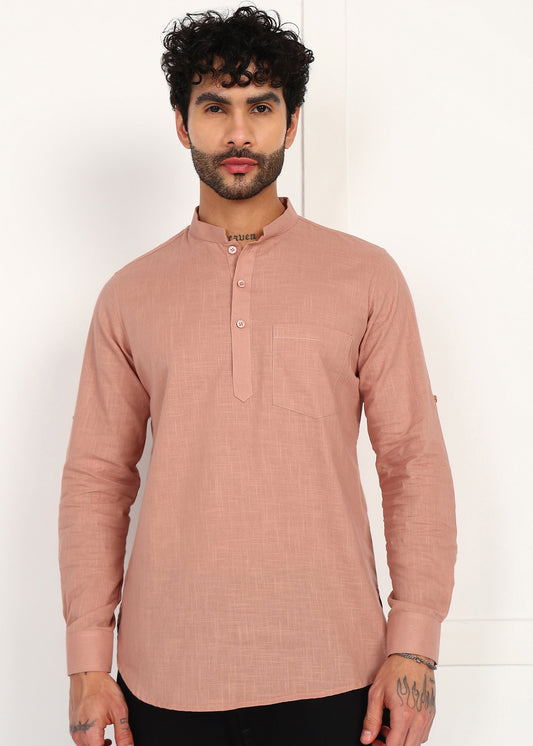 Men's Peach Linen Short Kurta