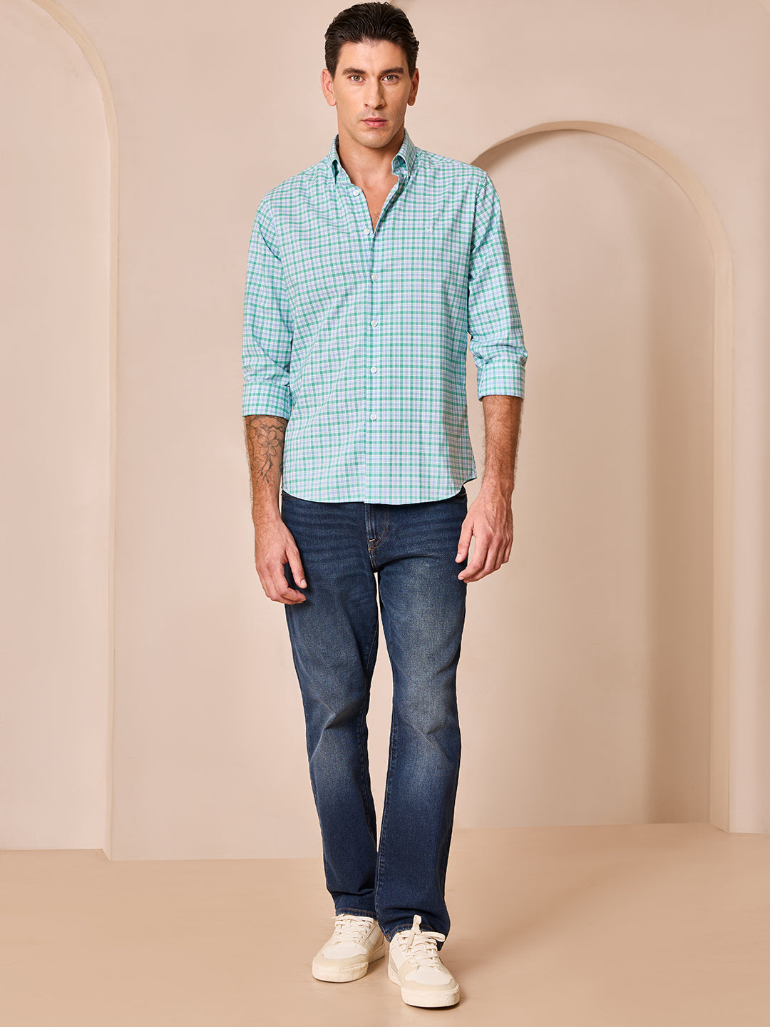 Green-Blue Regular Fit Checks Casual Shirt for Men (CALMA)