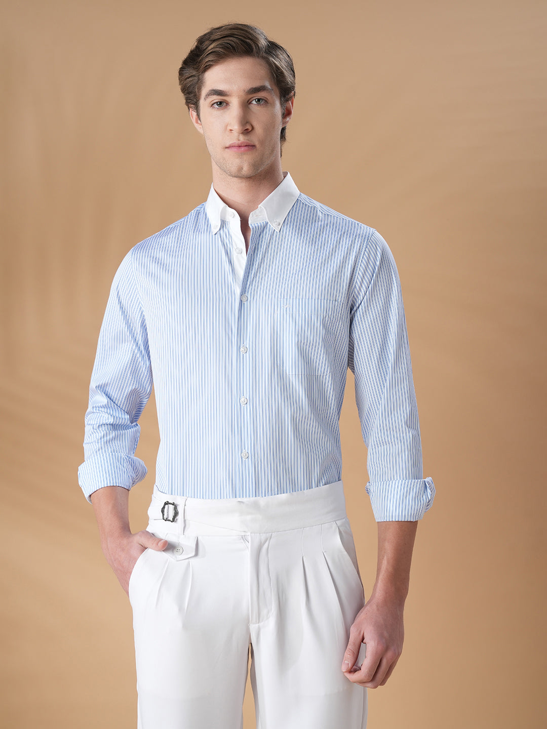 Regular Fit Blue Cotton Striped Formal Shirt for Men (OSARE)