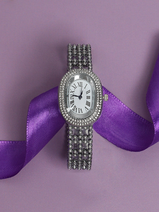 Embellished Oblong Watch - Silver