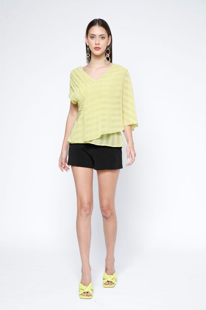 Pleated Stripe Chiffon Layered Top - Sunny Lime