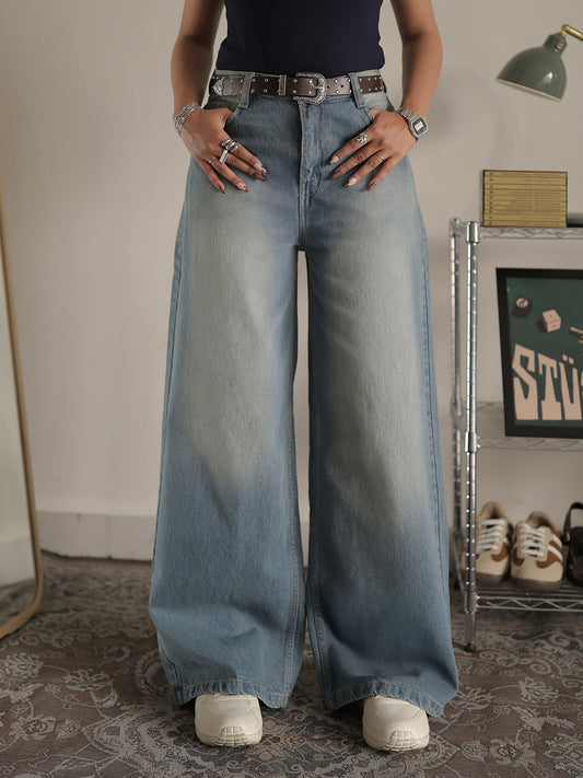 Soft Blue Washed Wide Leg Jeans