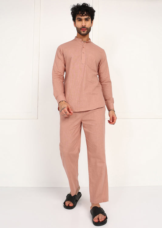 Men's Peach Linen Short Kurta Set