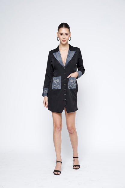 Vintage Lock and Key Embroidered Black Shirtdress