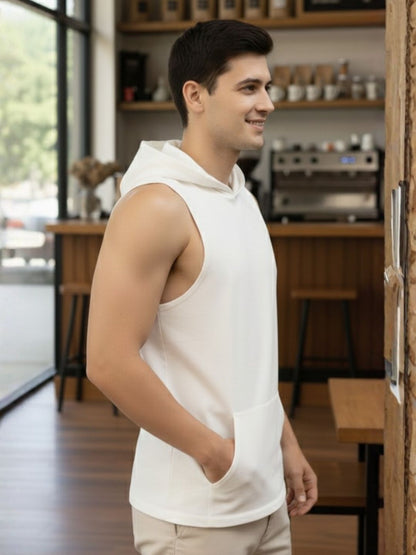 Plus Size Mens White and Light Purple Kangaroo Pocket Sleeveless Hooded Gym T-Shirt Vest-Pack of 2