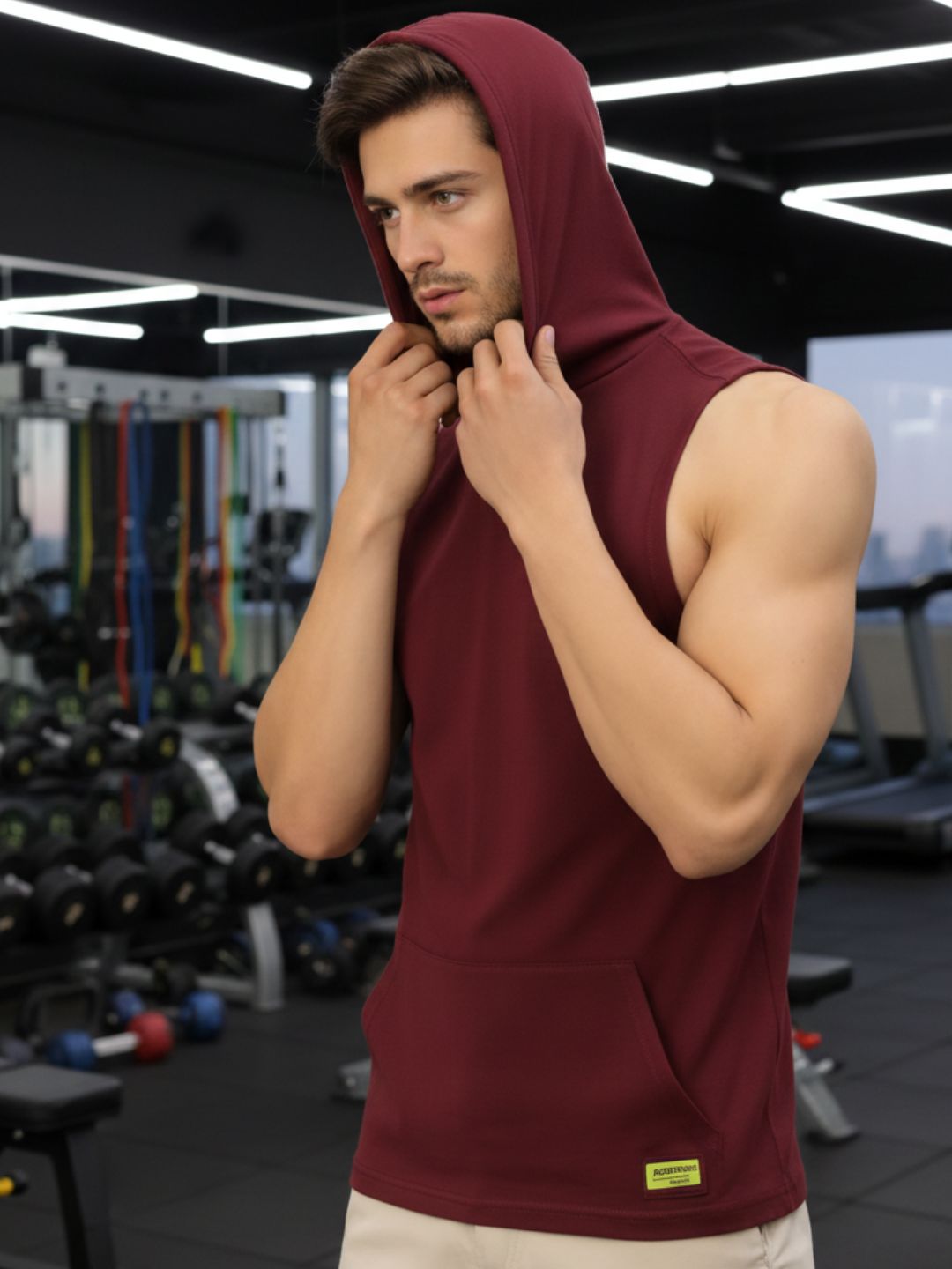 Plus Size Combo Solid Men Maroon and Purple Kangaroo Pocket Sleeveless Hooded T-Shirt Vest-Pack of 2