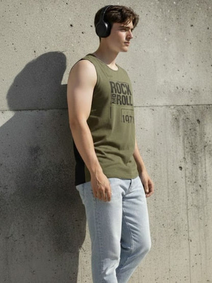 Plus Size Printed Round Neck Cotton Dark Grey and Army Green Sleeveless Gym Vest T-Shirt-Pack of 2