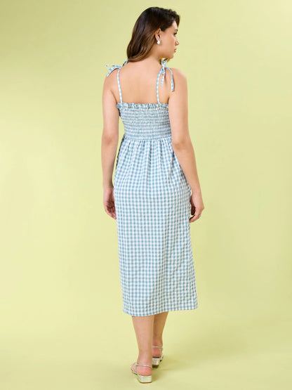Cloud Check Sleeveless Blue Midi Dress