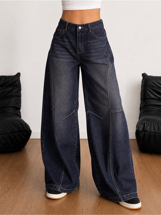 Deep Space Blue Panelled Y2K Wide Leg Jeans