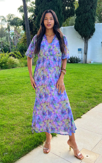 IS.U Floral Lavender Shirt Collared Maxi Dress