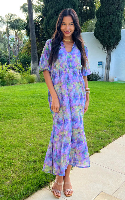 IS.U Floral Lavender Shirt Collared Maxi Dress