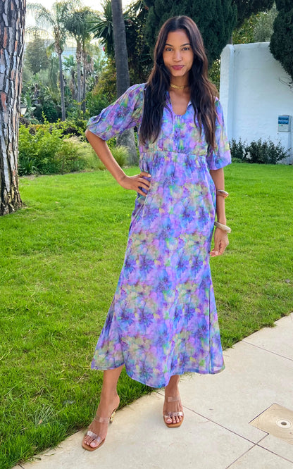 IS.U Floral Lavender Shirt Collared Maxi Dress