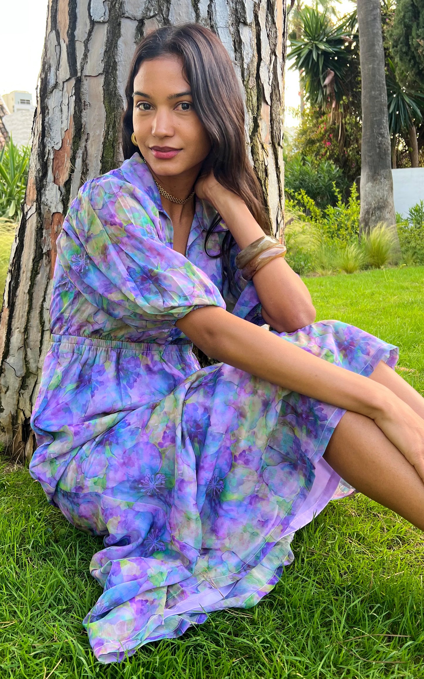 IS.U Floral Lavender Shirt Collared Maxi Dress