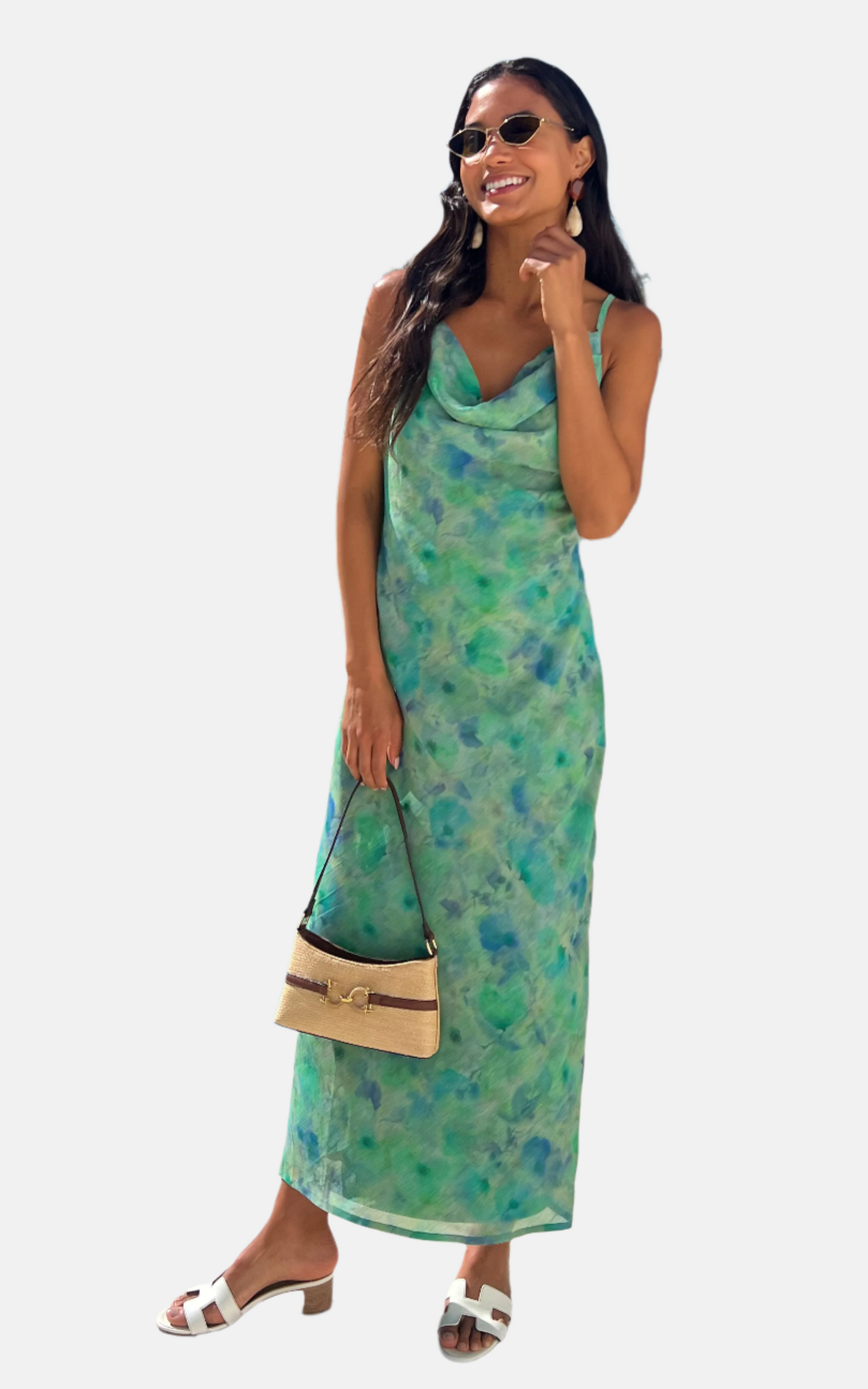 IS.U Floral Green Cowl Neck Slip Dress