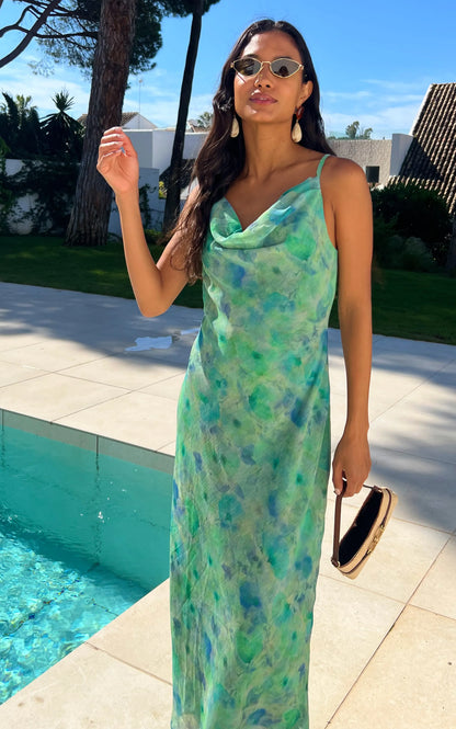 IS.U Floral Green Cowl Neck Slip Dress