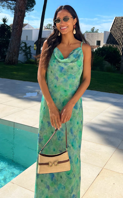 IS.U Floral Green Cowl Neck Slip Dress