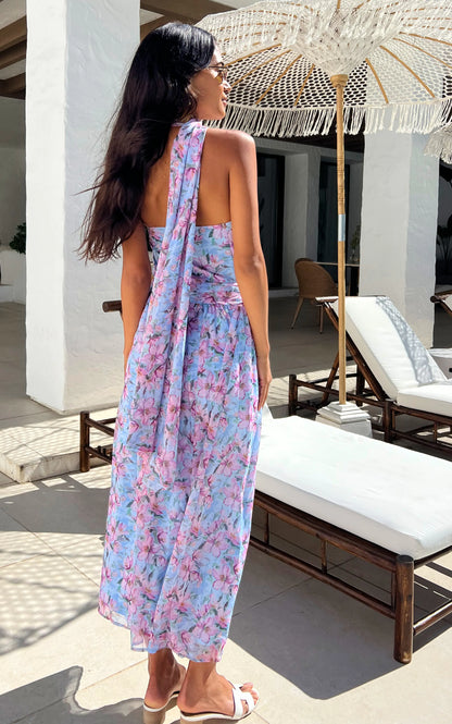Floral Blue Neck Maxi Dress