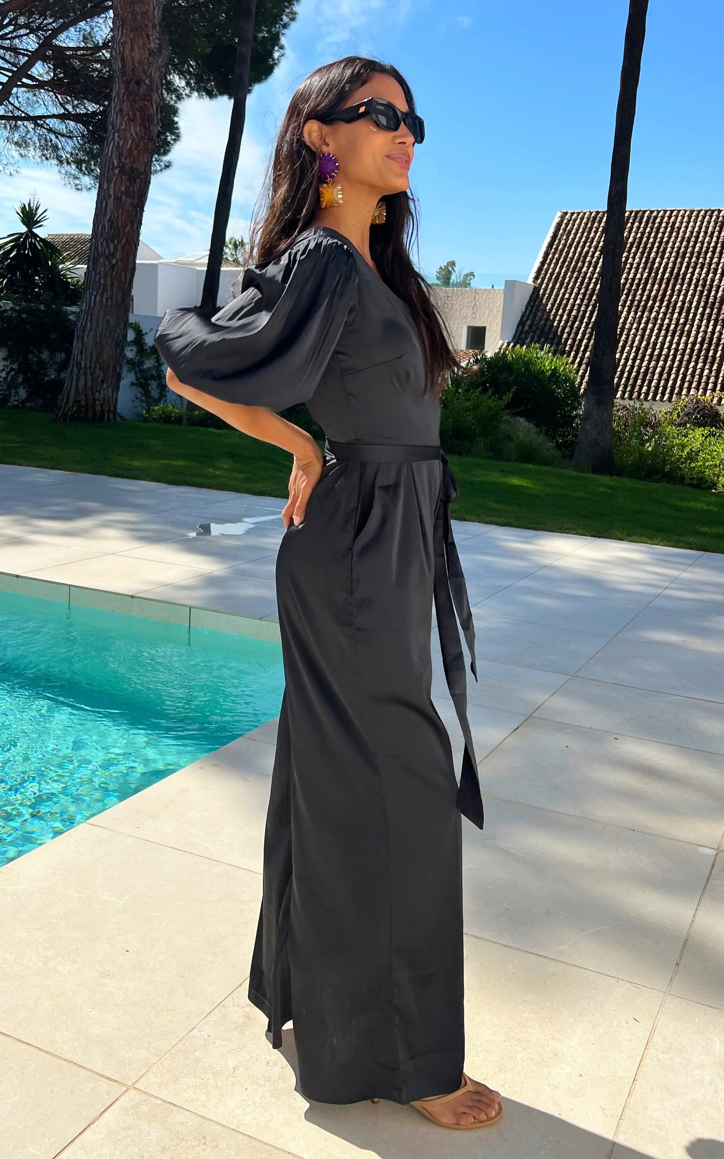 Black one-shoulder belted party dress