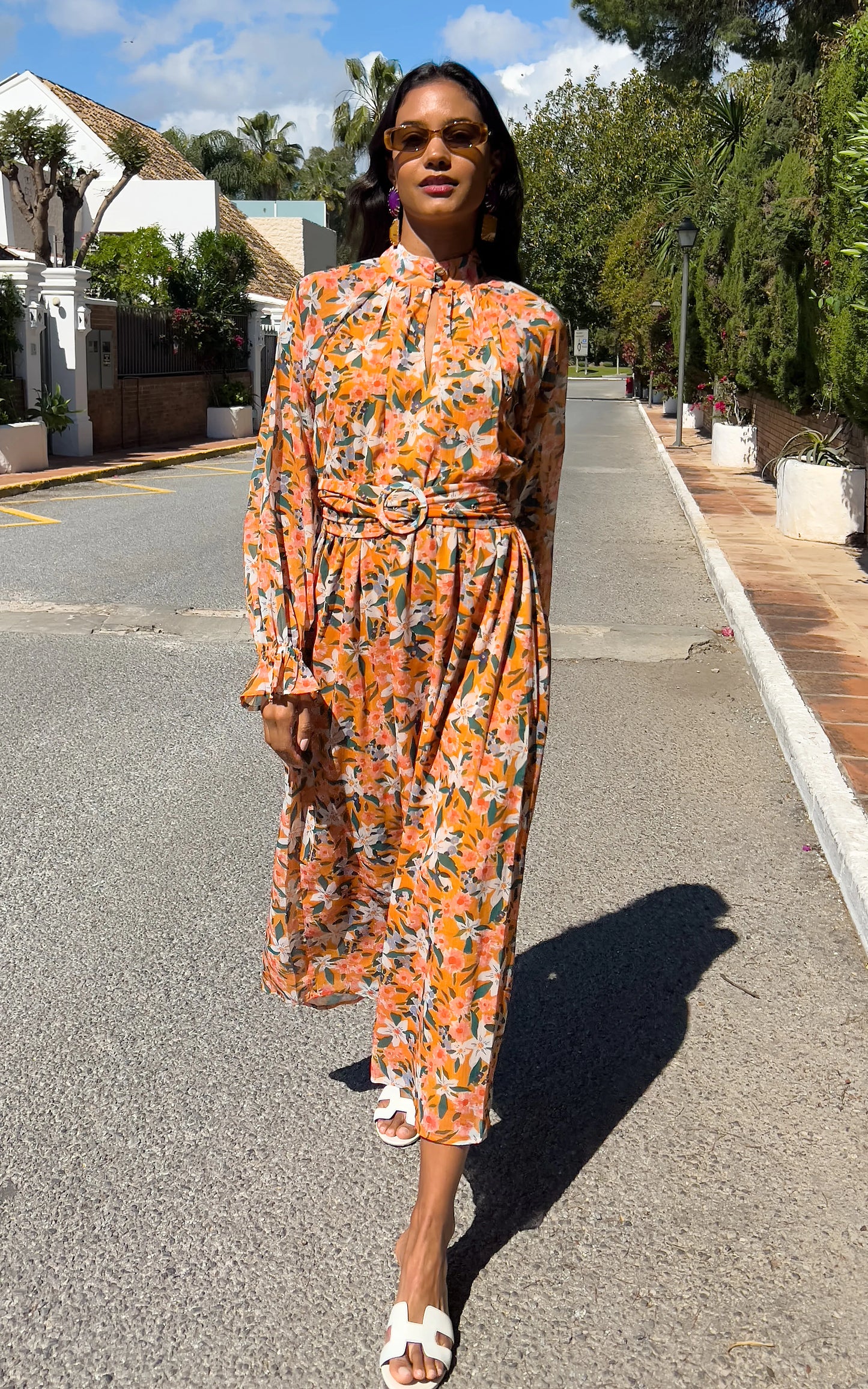 IS.U Floral Yellow Belted Blouson Sleeve Dress