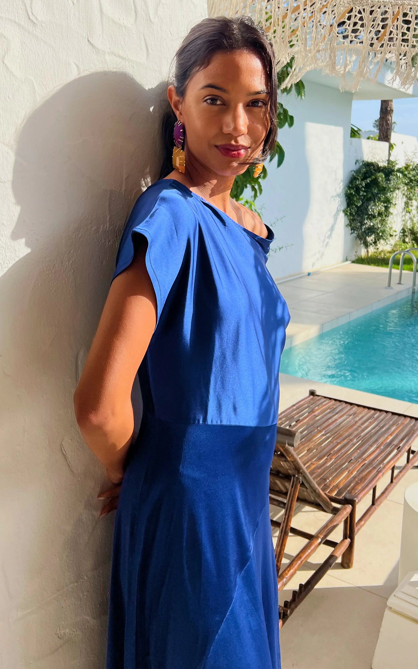 IS.U Blue Asymmetric Neck Cocktail Dress