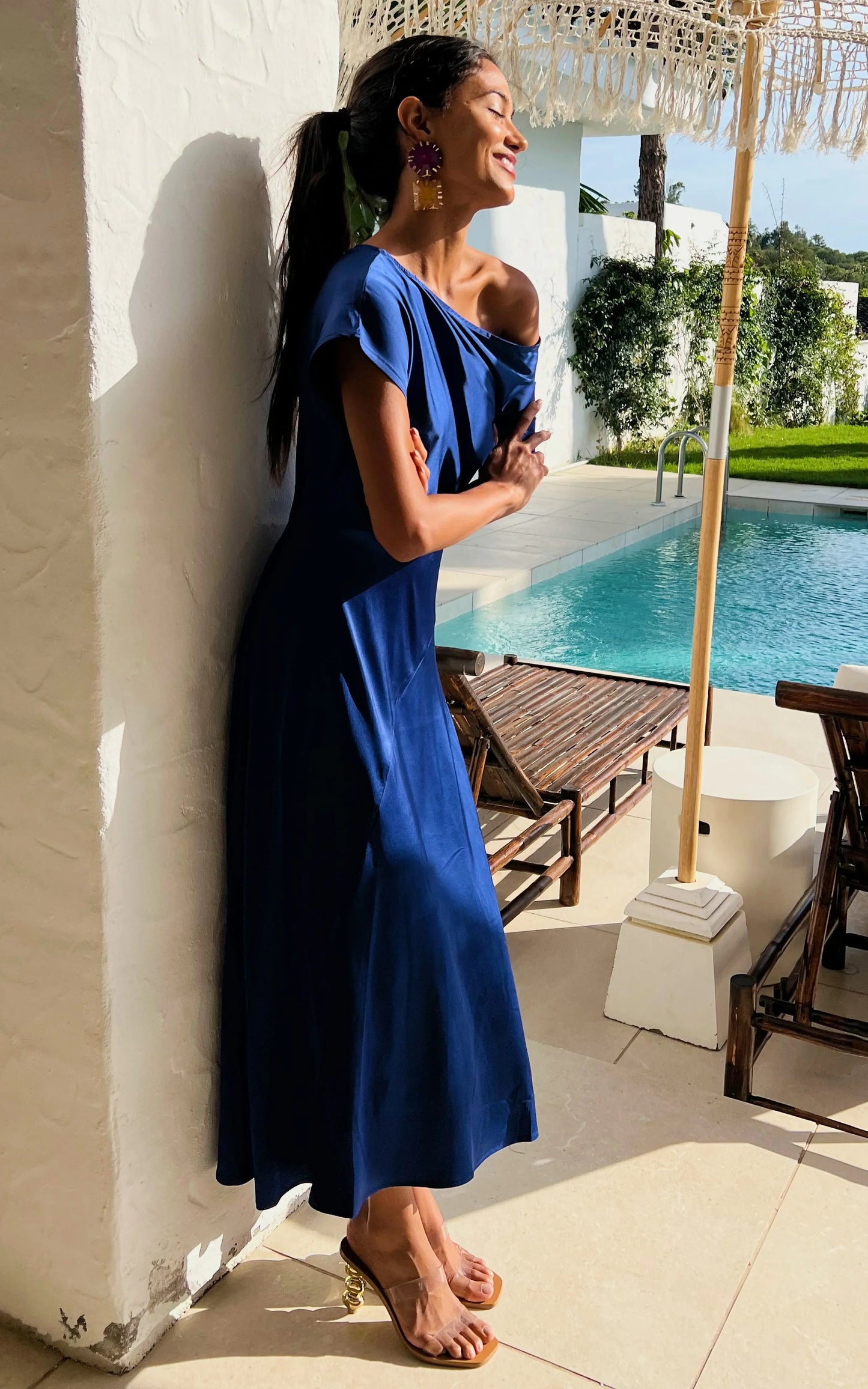 IS.U Blue Asymmetric Neck Cocktail Dress