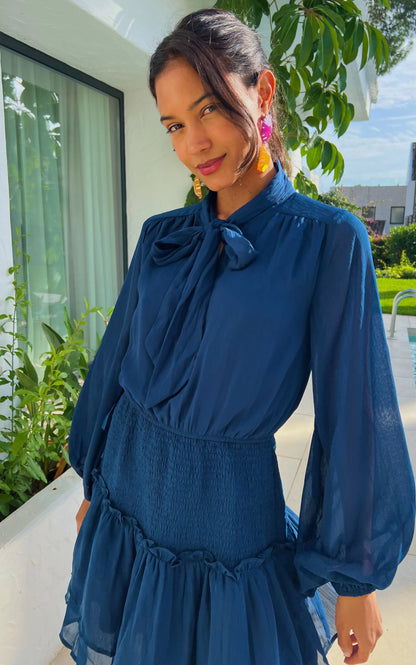 IS.U Blue Tie- Knot Smocked Dress