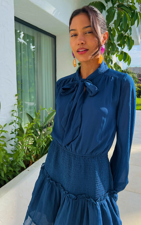 IS.U Blue Tie- Knot Smocked Dress