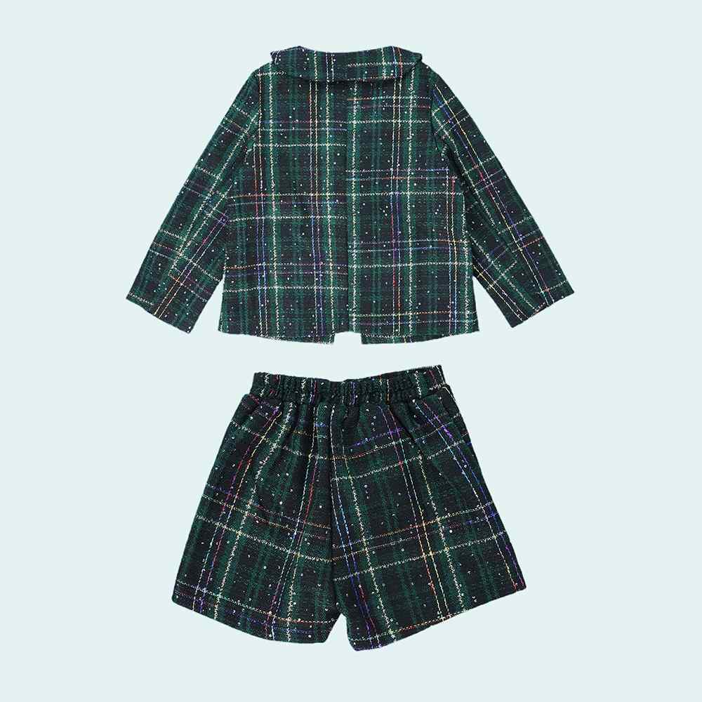 Bottle Green Scottish Style Tweed 2 pcs, Jacket and Shorts Winterwear set for Girls