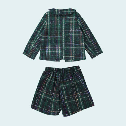 Bottle Green Scottish Style Tweed 2 pcs, Jacket and Shorts Winterwear set for Girls