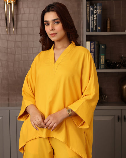 V-NECK YELLOW RAYON CO-ORD SET