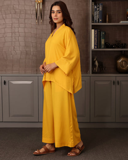V-NECK YELLOW RAYON CO-ORD SET