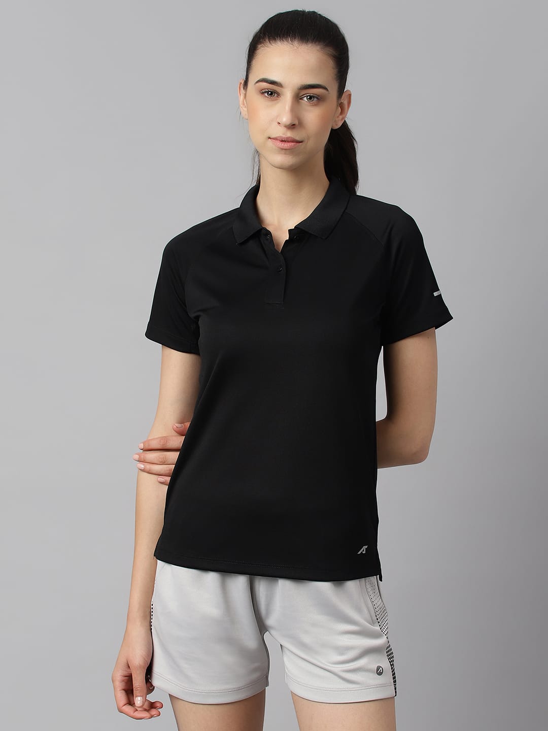 Alcis Women Black Tech-Fit Anti-Static Soft-Touch Slim-Fit Training Polo T-Shirt