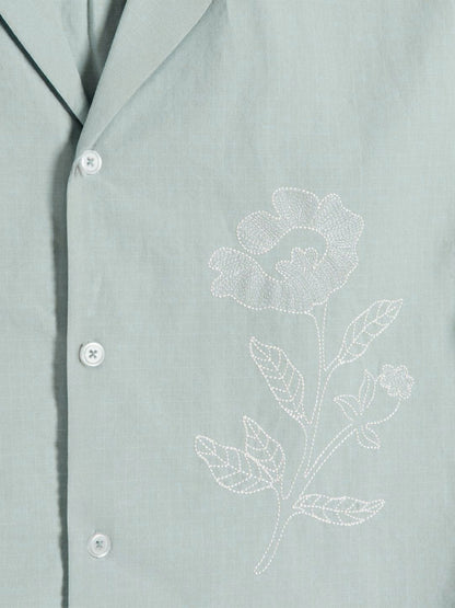 Men's Box-Fit Embroidered Linen Baby Blue Shirt