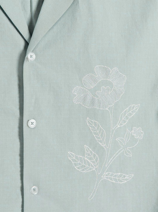 Men's Box-Fit Embroidered Linen Baby Blue Shirt