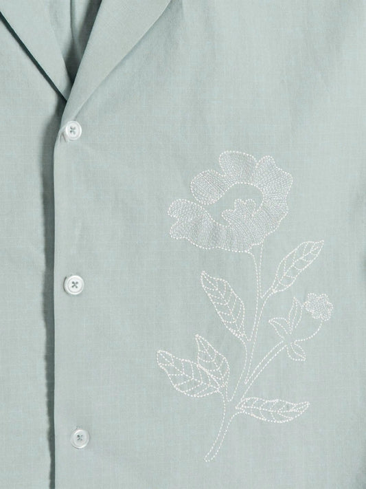 Men's Box-Fit Embroidered Linen Baby Blue Shirt Vellure