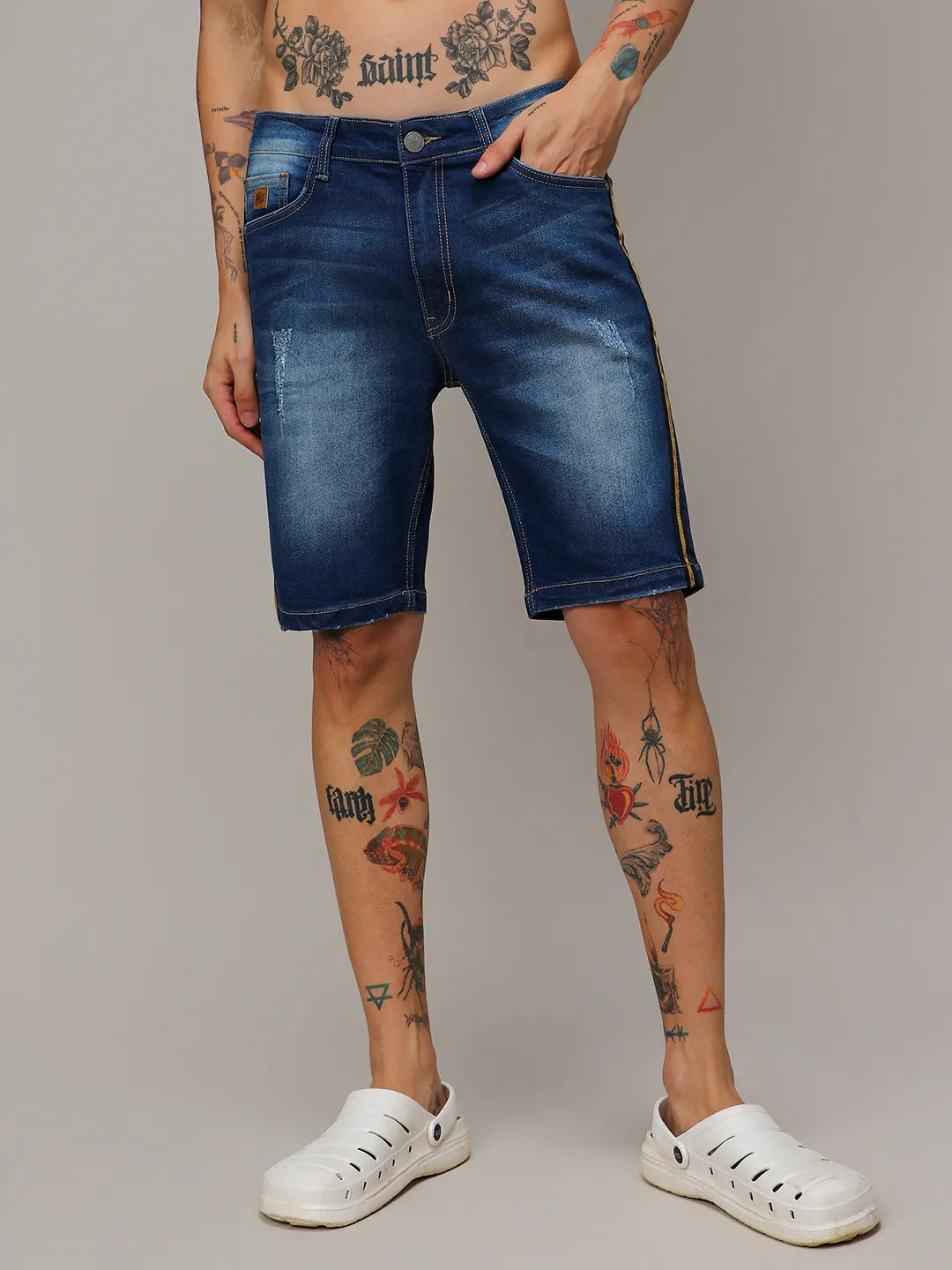 Pencil Side-Striped Denim Shorts