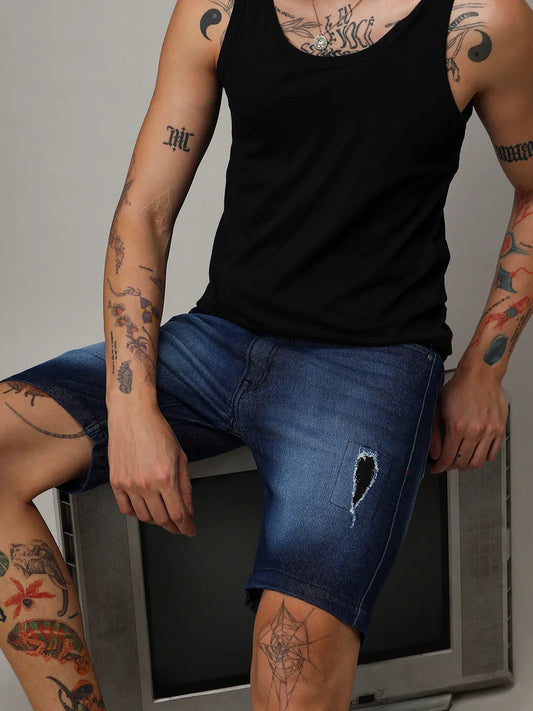 Side Distressed Denim Shorts