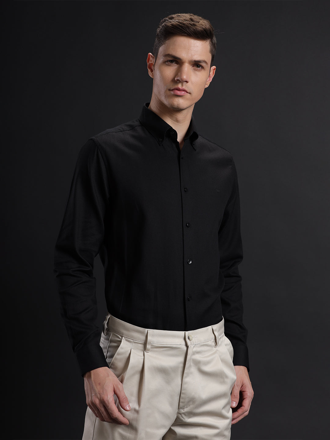 Aldeno Mens Regular Fit Plain Black Casual Cotton Shirt (TABLO)