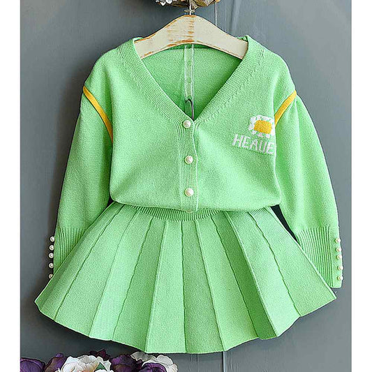 Mint Green V neck style 2 pcs, Skirt and Top Winterwear set for Girls
