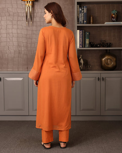 Orange Mulmul Gathered Kurta Set