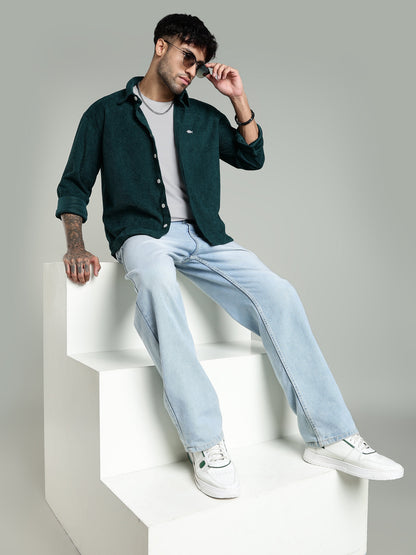 Green Soft Textured Shirt-Relaxed Fit