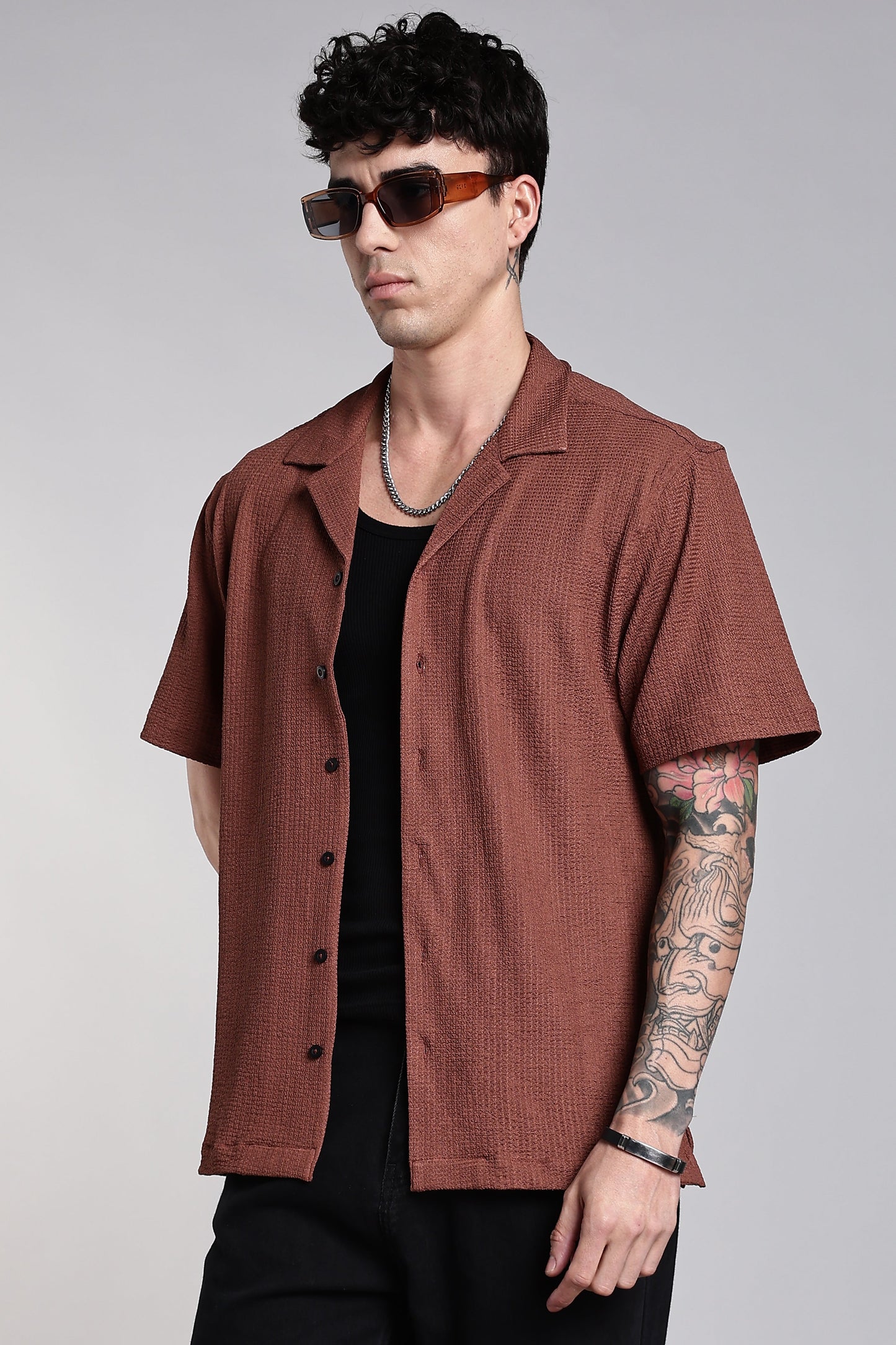 Brown Textured Slim Fit Shirt