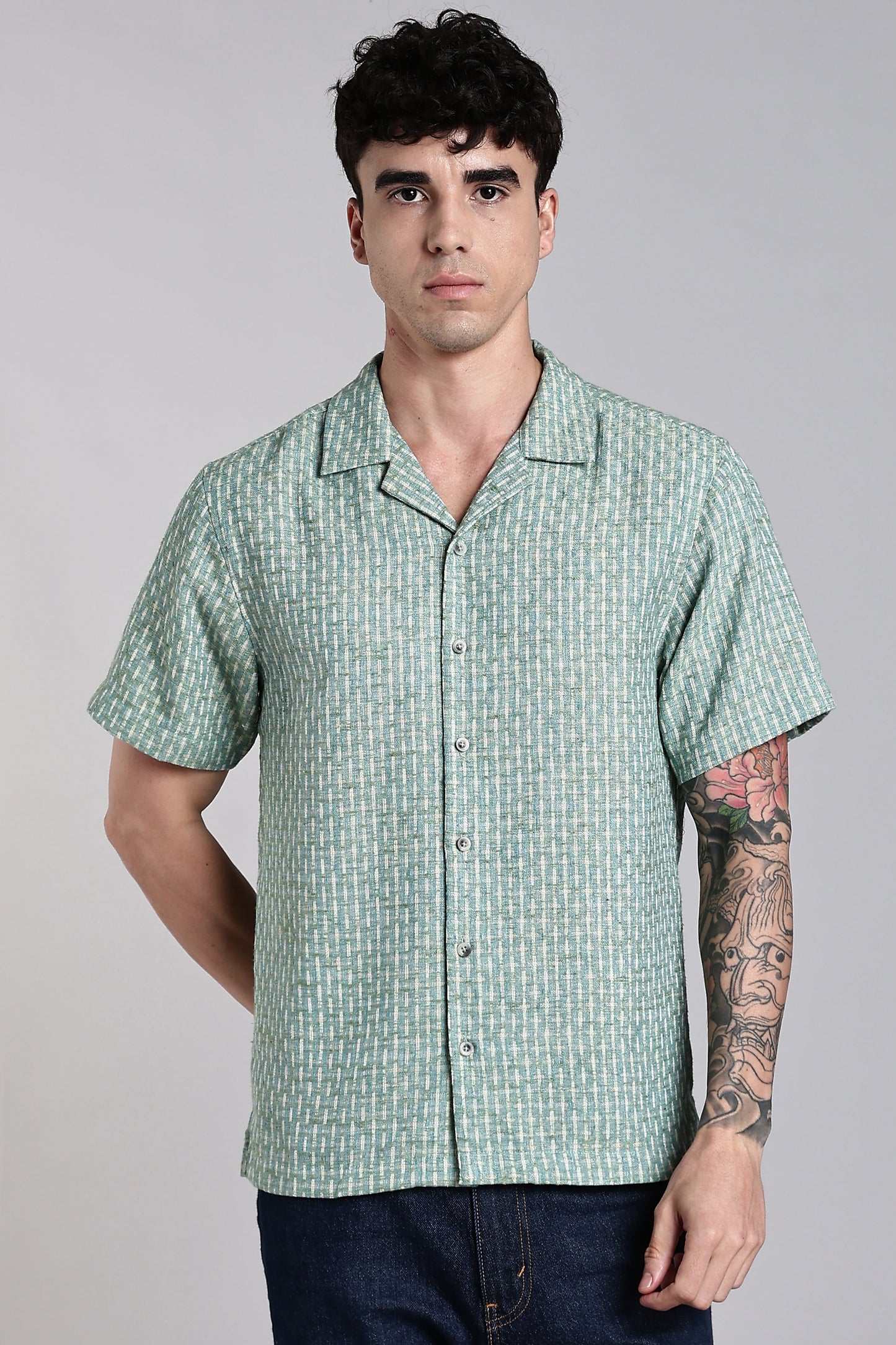 Blue Textured Turkish Weave Slim Fit Shirt