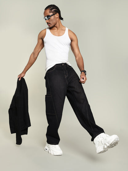 Black Baggy Fit Seam-Detail Jeans
