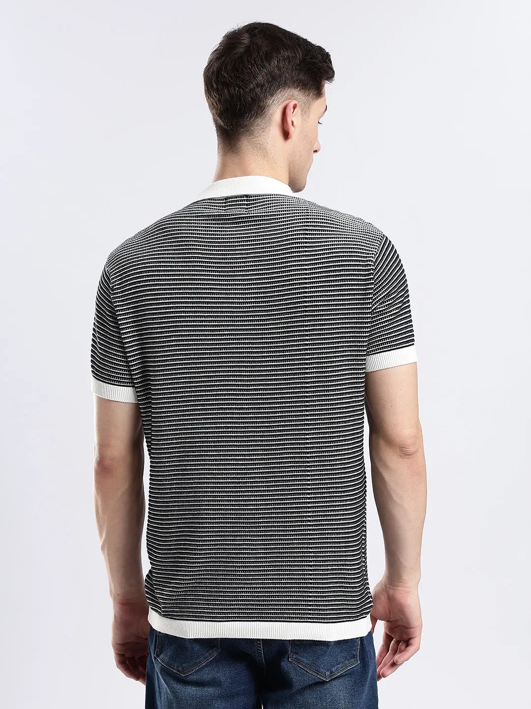 Men's Portofino Striped Jacquard Black & White Polo Vellure
