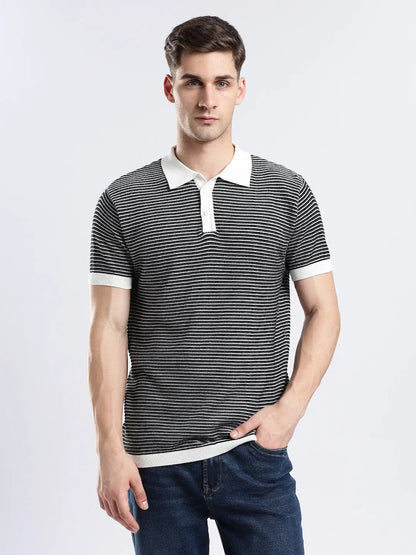 Men's Portofino Striped Jacquard Black & White Polo Vellure